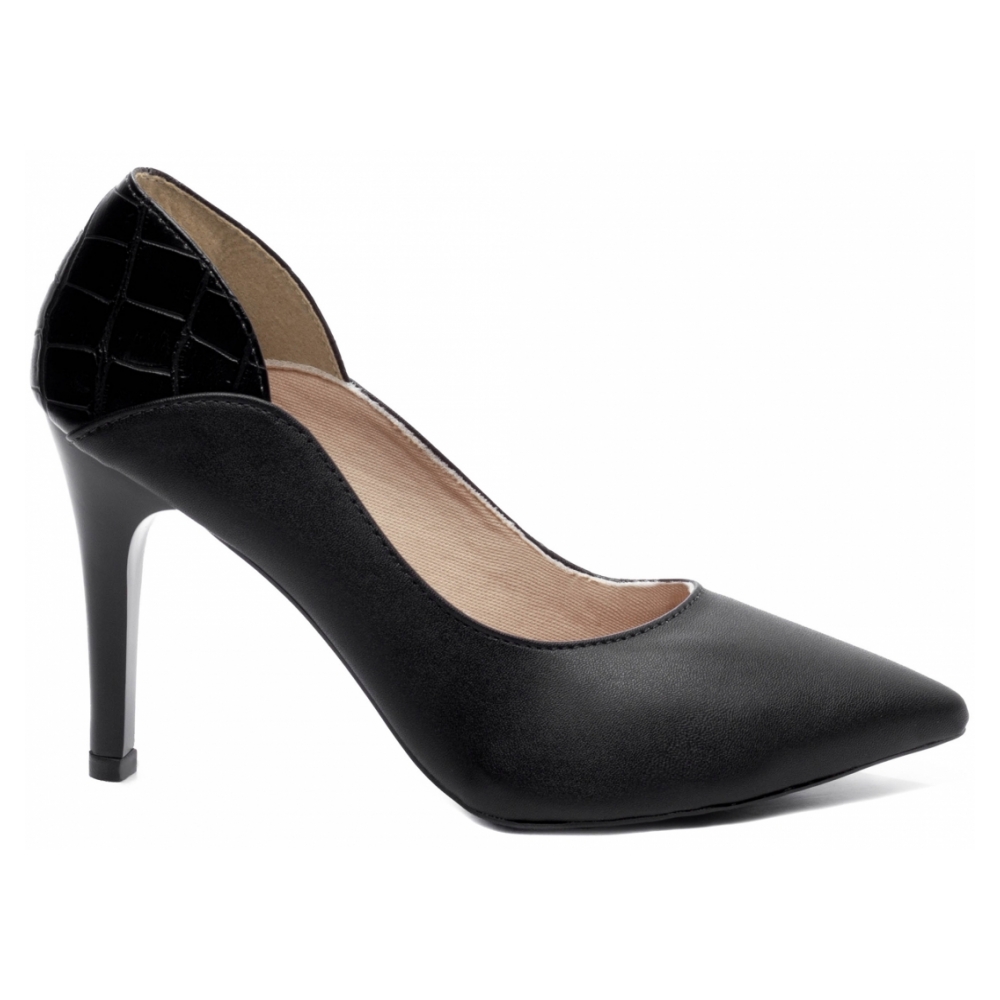 Sapato Scarpin Preto e Croco Preto Salto Fino