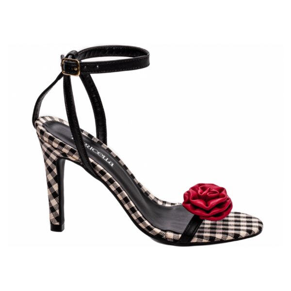 Sandália Feminina Preto Xadrez Flor Vermelha