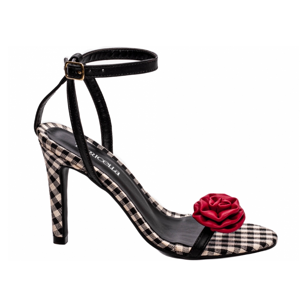 Sandália Feminina Preto Xadrez Flor Vermelha