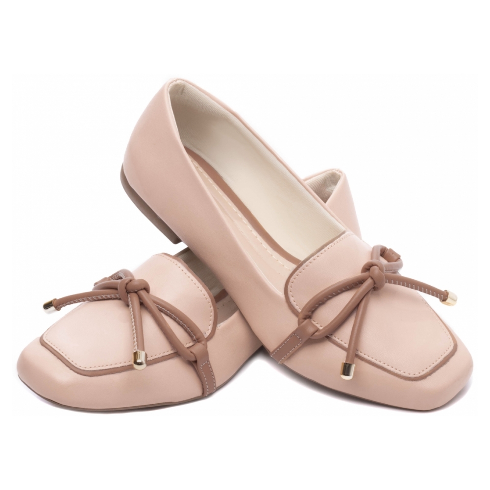 Mocassim Rasteiro Rose Laço Bege