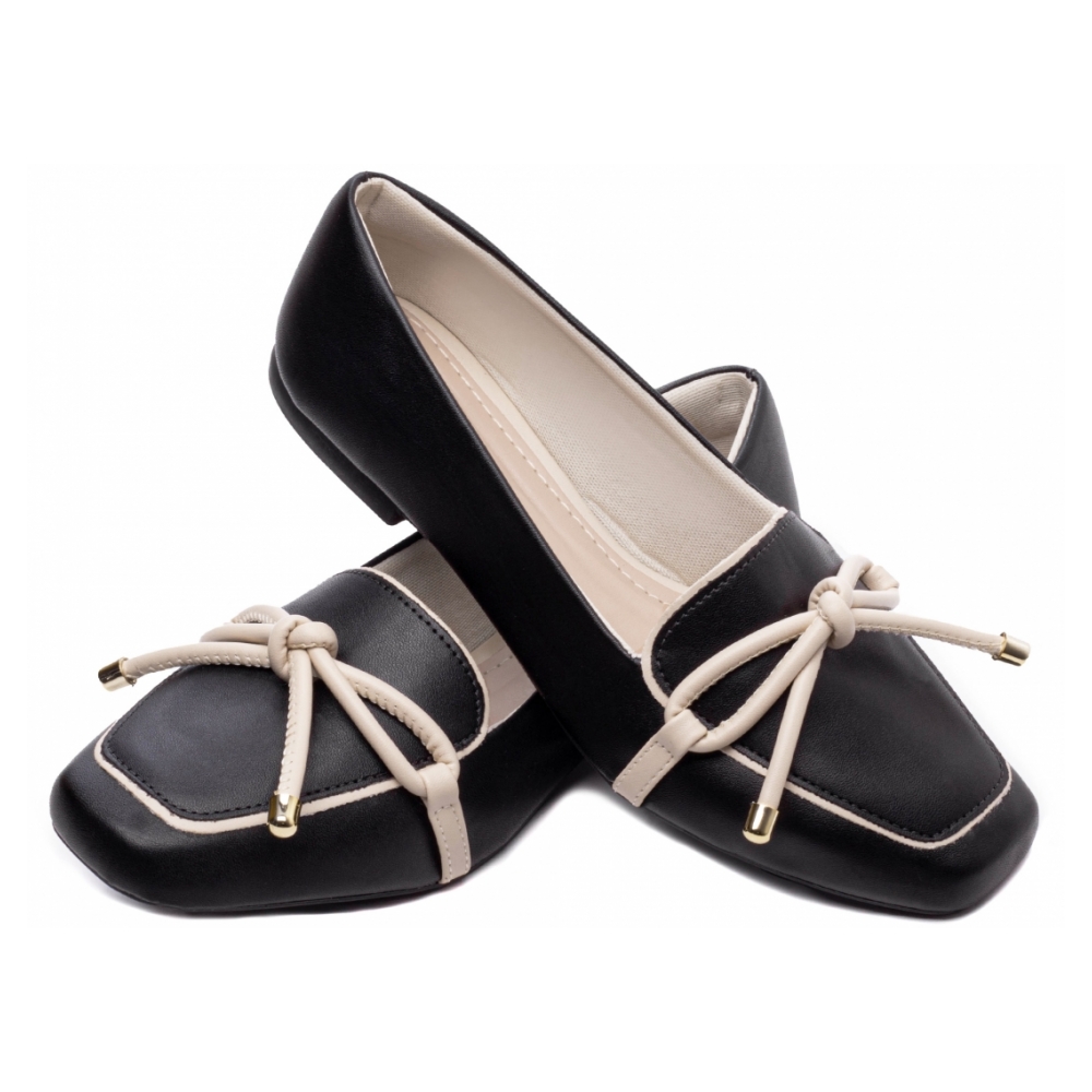 Mocassim Rasteiro Preta com Laço Off White
