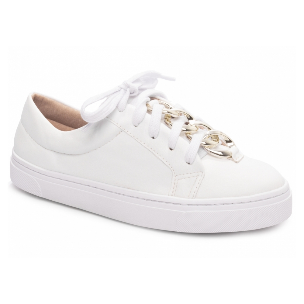 Tênis Feminino Cadarço Branco e Peça em ABS na cor Dourado