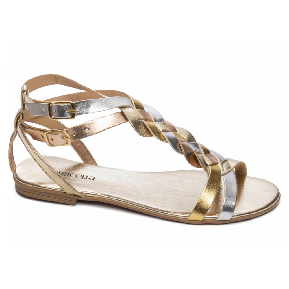 Sandália Rasteira Metalizado Dourado, Ouro Light, Prata Rose