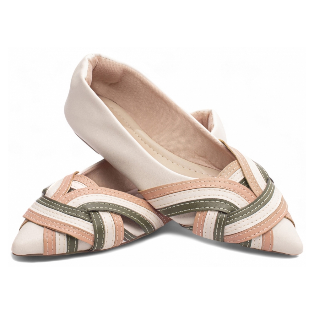 Sapatilha Bico Fino Off White Verde Rose