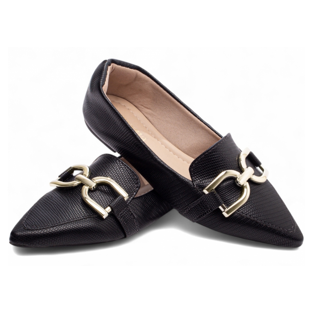 Sapatilha Mocassim Bico Fino Lezard Preto