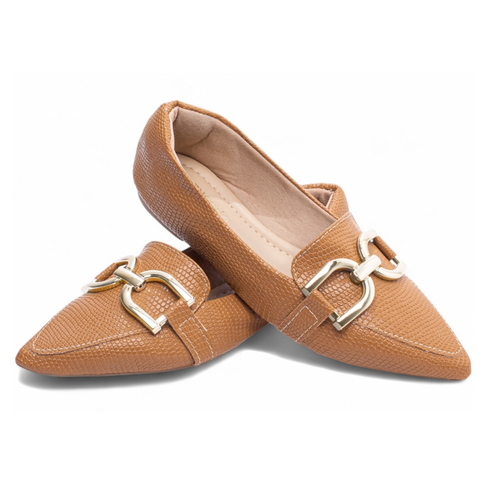 Sapatilha Mocassim Bico Fino Lezard Caramelo