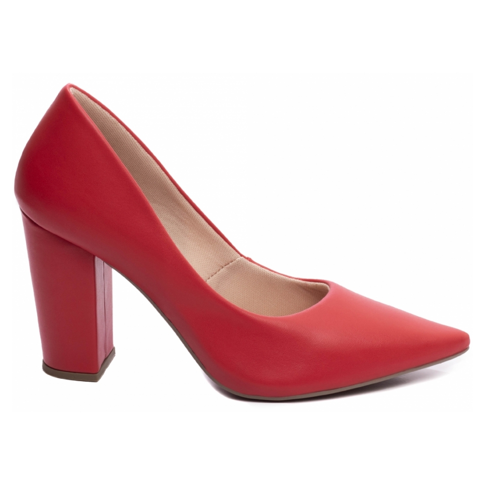 Sapato Scarpin Vermelho Bico fino Salto Grosso