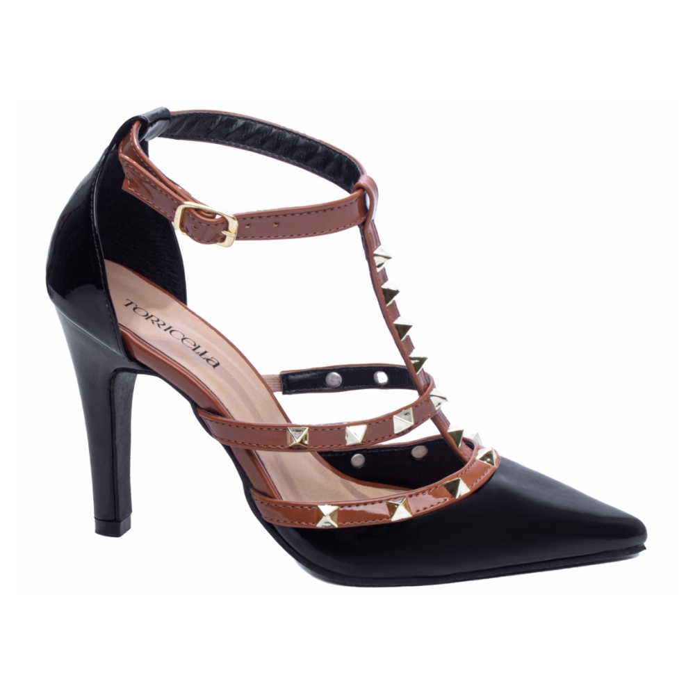 Sapato Scarpin Preto com Detalhes Marrom Salto Fino