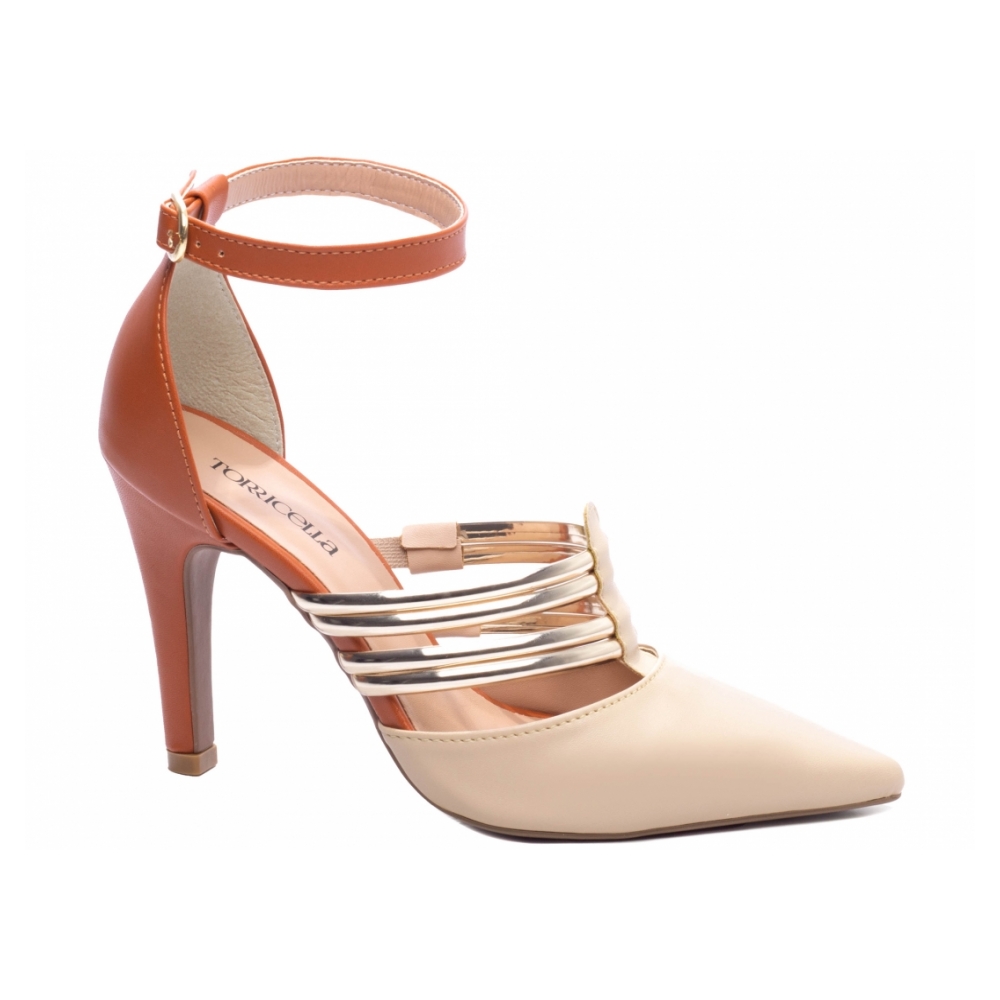 Sapato Scarpin Bege Caramelo Specchio Ouro Light Salto Alto