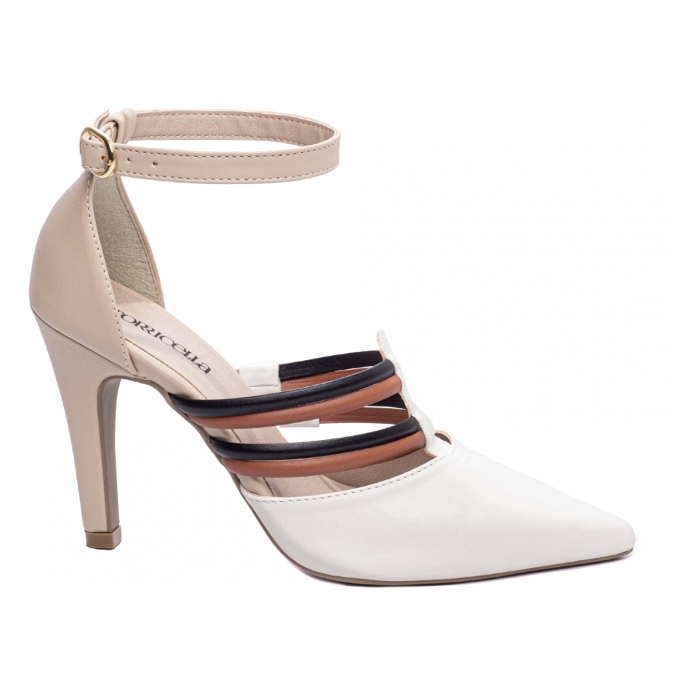 Sapato Scarpin Off White Tiras Branco Preto Caramelo