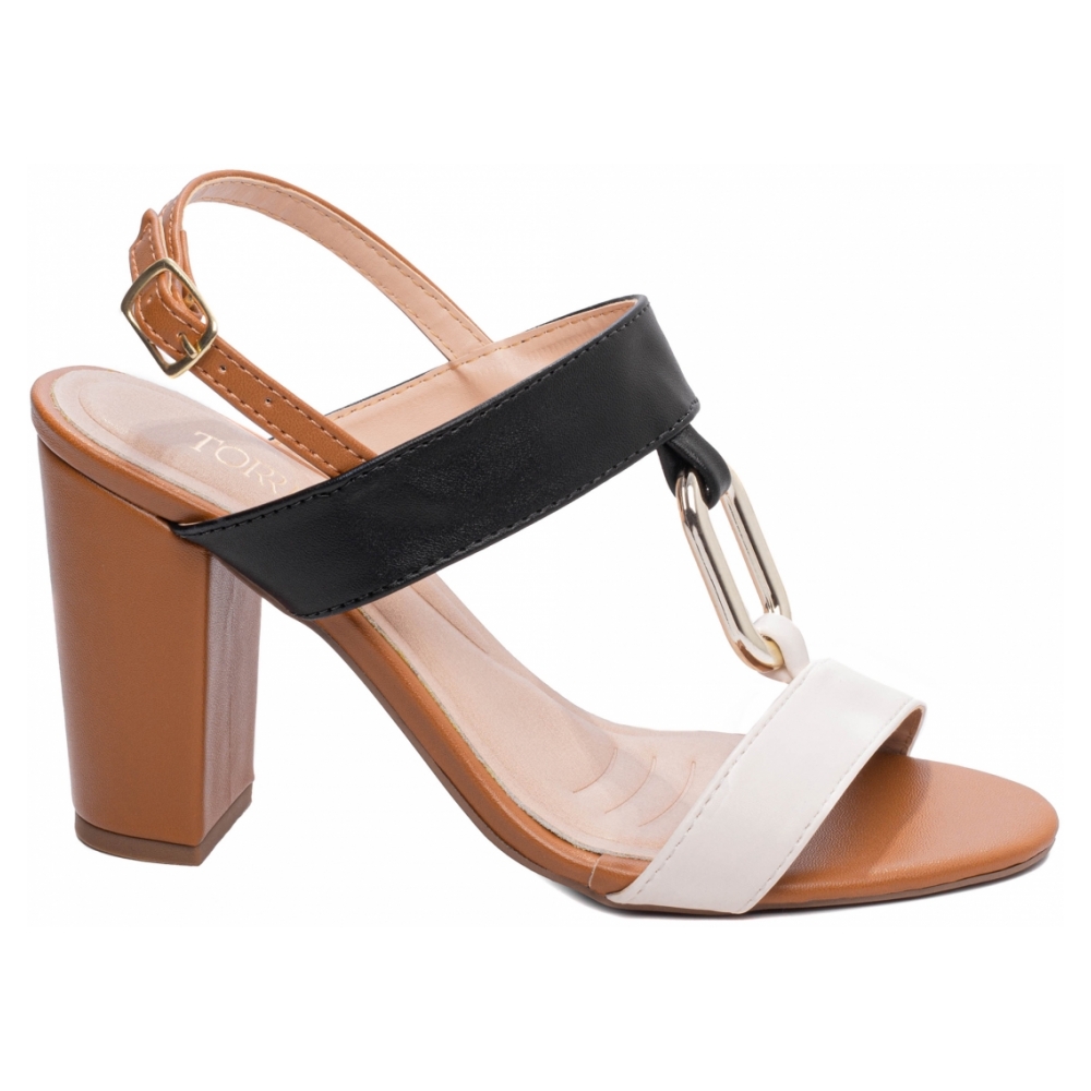 Sandália Feminina Caramelo com Detalhes Branco e Preto