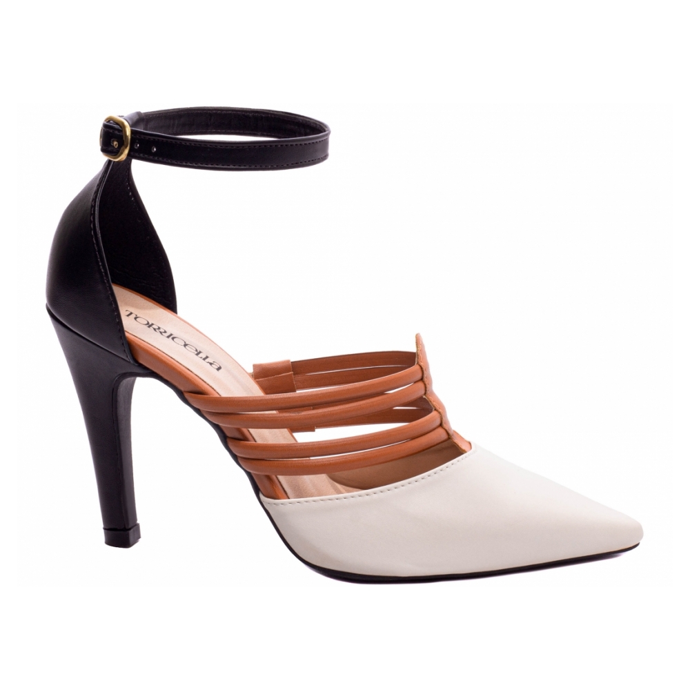 Sapato Scarpin Off White Com Tiras Caramelo e Preto