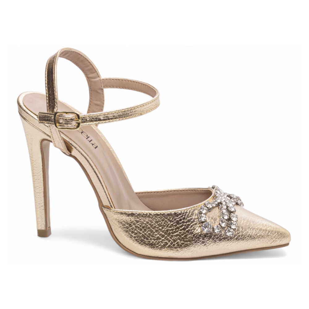 Sapato Scarpin Dourado Laço de Strass Salto 12