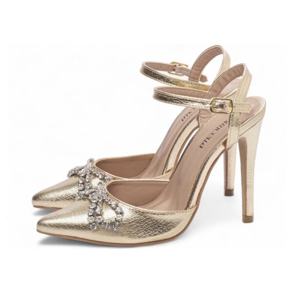 Sapato Scarpin Dourado Laço de Strass Salto 12 - Imagem 3