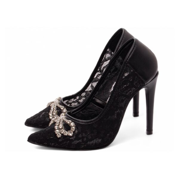 Sapato Scarpin Preto Laço Strass Salto 12 - Imagem 3