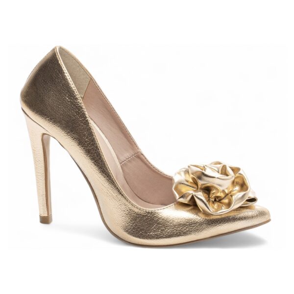 Sapato Scarpin Dourado com Flor Salto 12