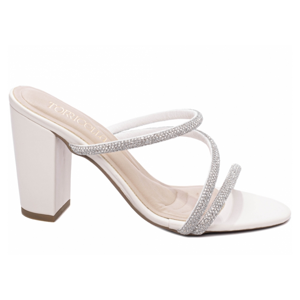 Sandália Tamanco Feminino Off White com Tiras Prata