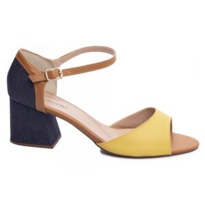 Sandália Salto  Grosso Baixo Amarelo, Napa Caramelo Jeans