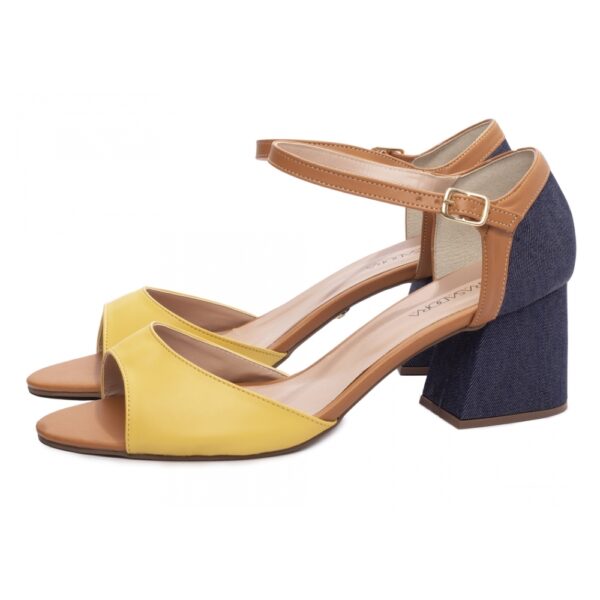 Sandália Salto  Grosso Baixo Amarelo, Napa Caramelo Jeans - Imagem 2