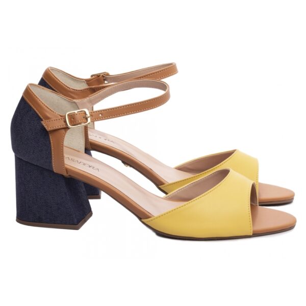 Sandália Salto  Grosso Baixo Amarelo, Napa Caramelo Jeans - Imagem 3
