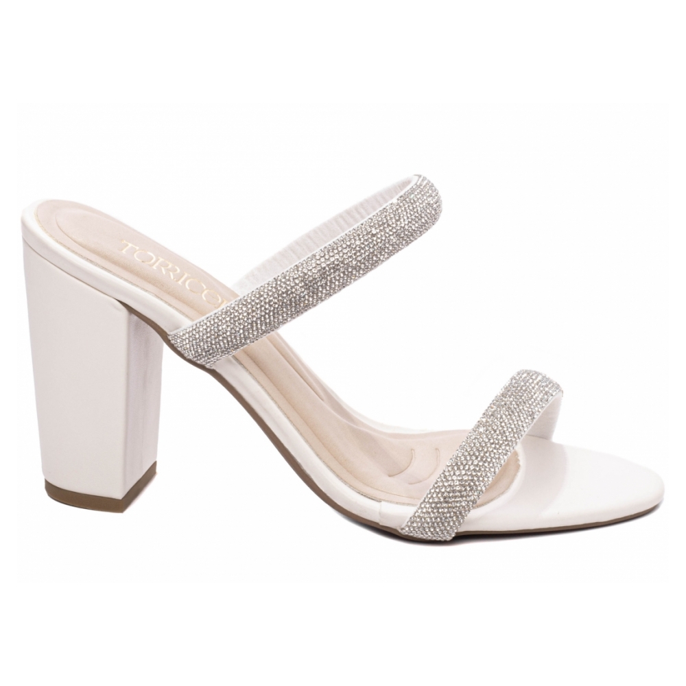 Sandália Tamanco Off White com Strass Prata