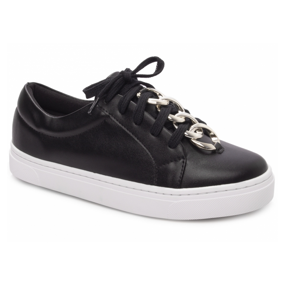 Tênis Feminino Cadarço Preto e Peça em ABS na cor Dourado