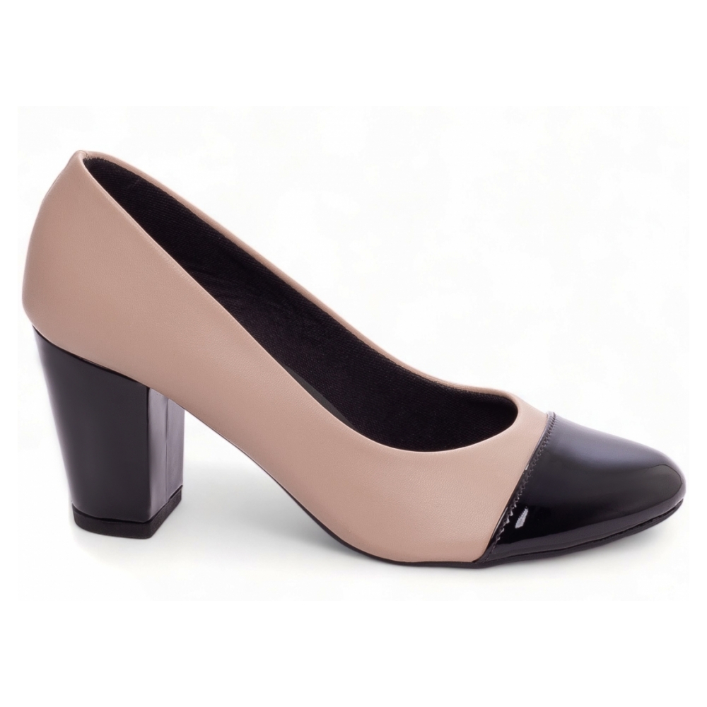 Sapato Scarpin Boneca Bico Redondo Rose e Preto