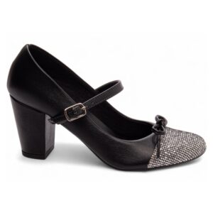 Sapato Boneca Mary Jane Preto e Glitter Prata