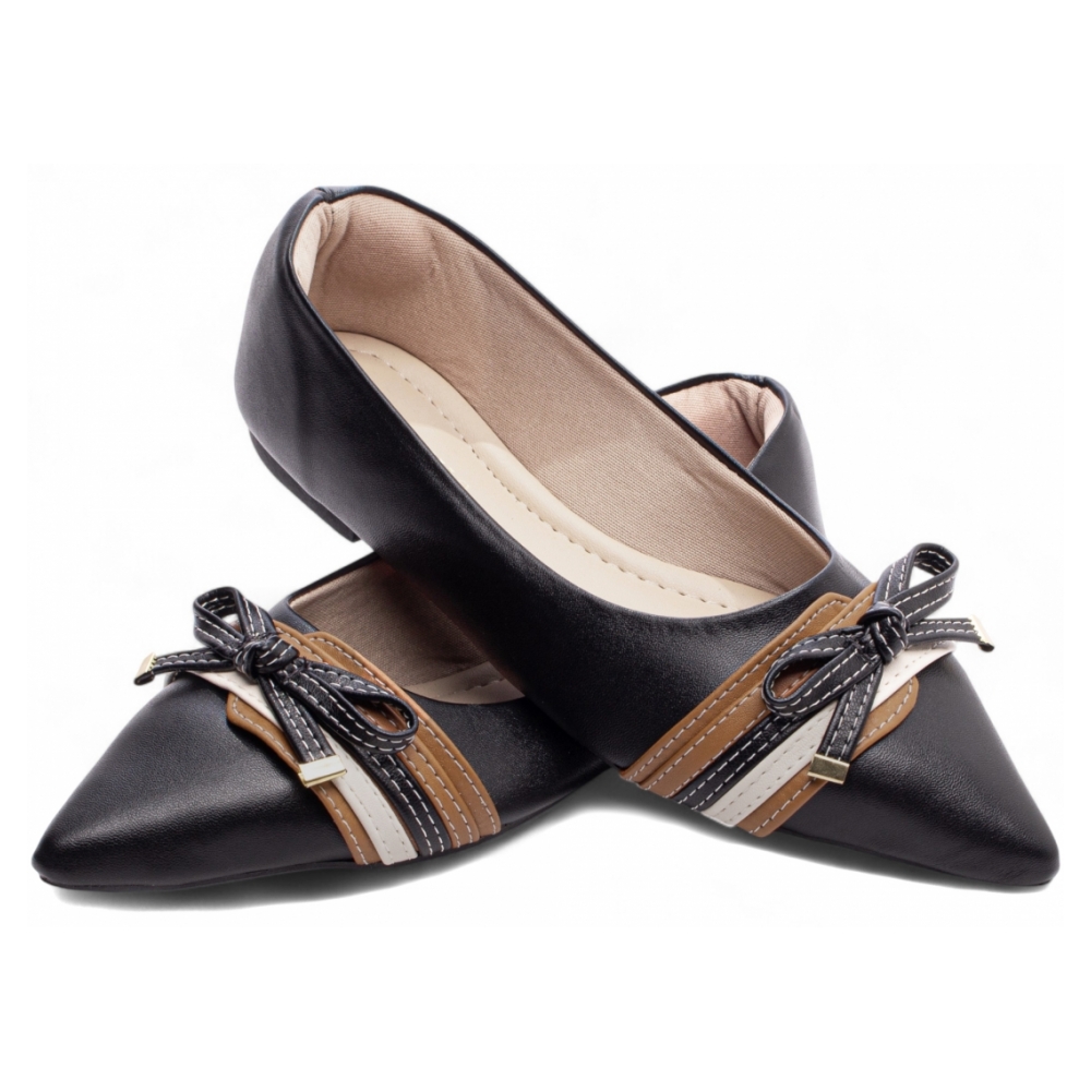 Sapatilha Feminina Bico Fino Preta Off White Caramelo