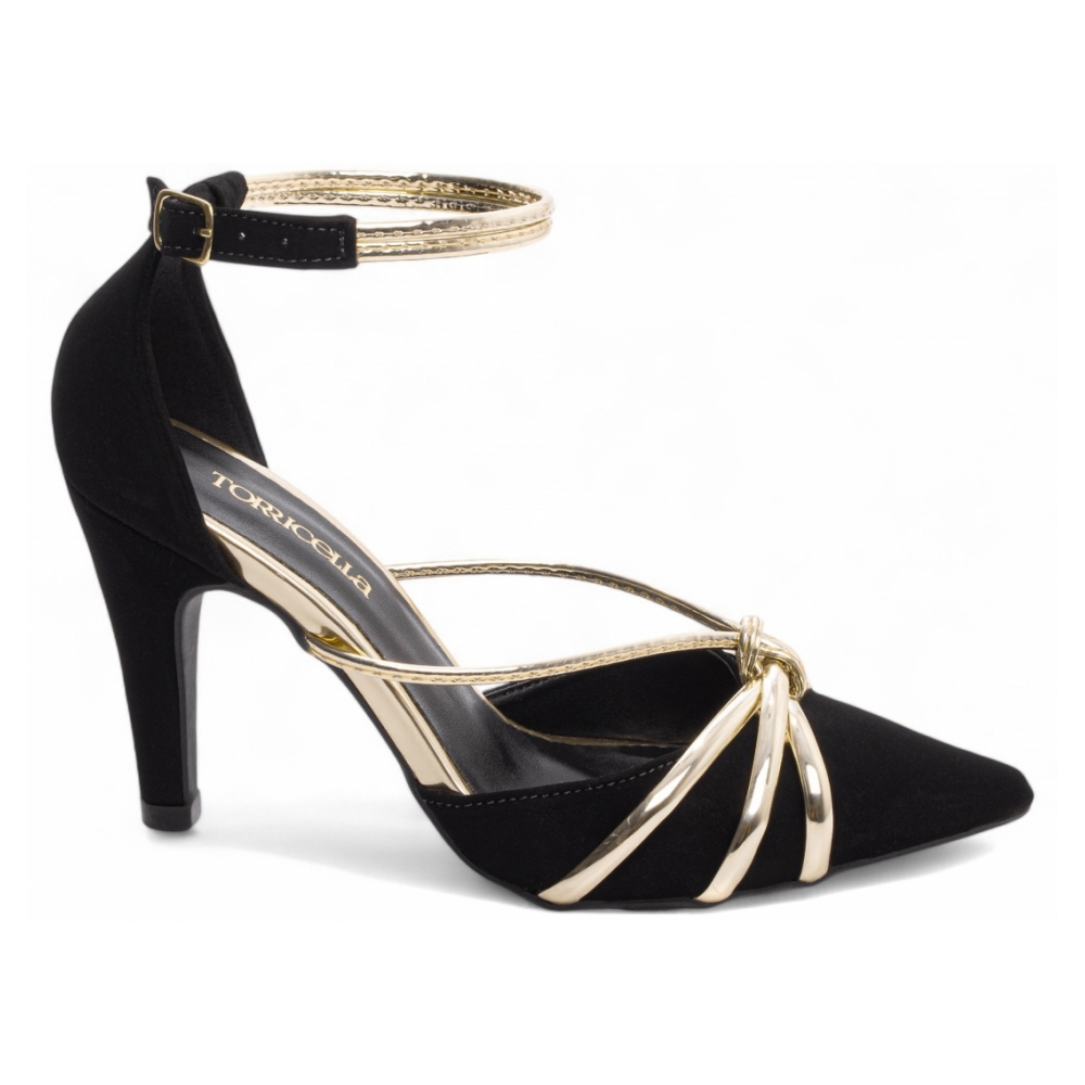 Sapato Scarpin Nobuck Preto e Metalizado Speechio Ouro Light