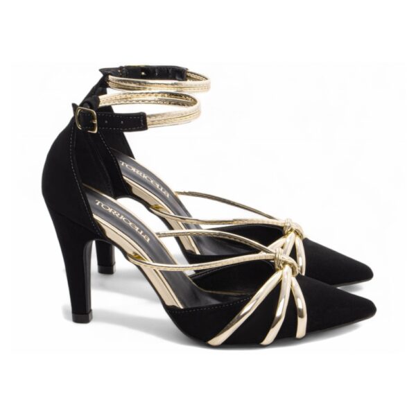 Sapato Scarpin Nobuck Preto e Metalizado Speechio Ouro Light - Imagem 4
