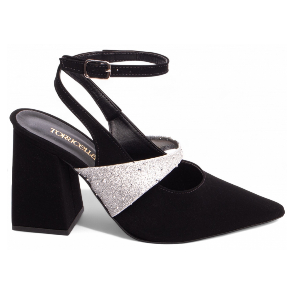 Sapato Scarpin Nobuck Preto Com Glitter Prata