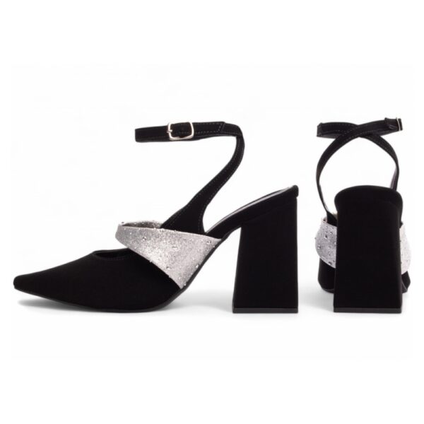 Sapato Scarpin Nobuck Preto Com Glitter Prata - Imagem 2