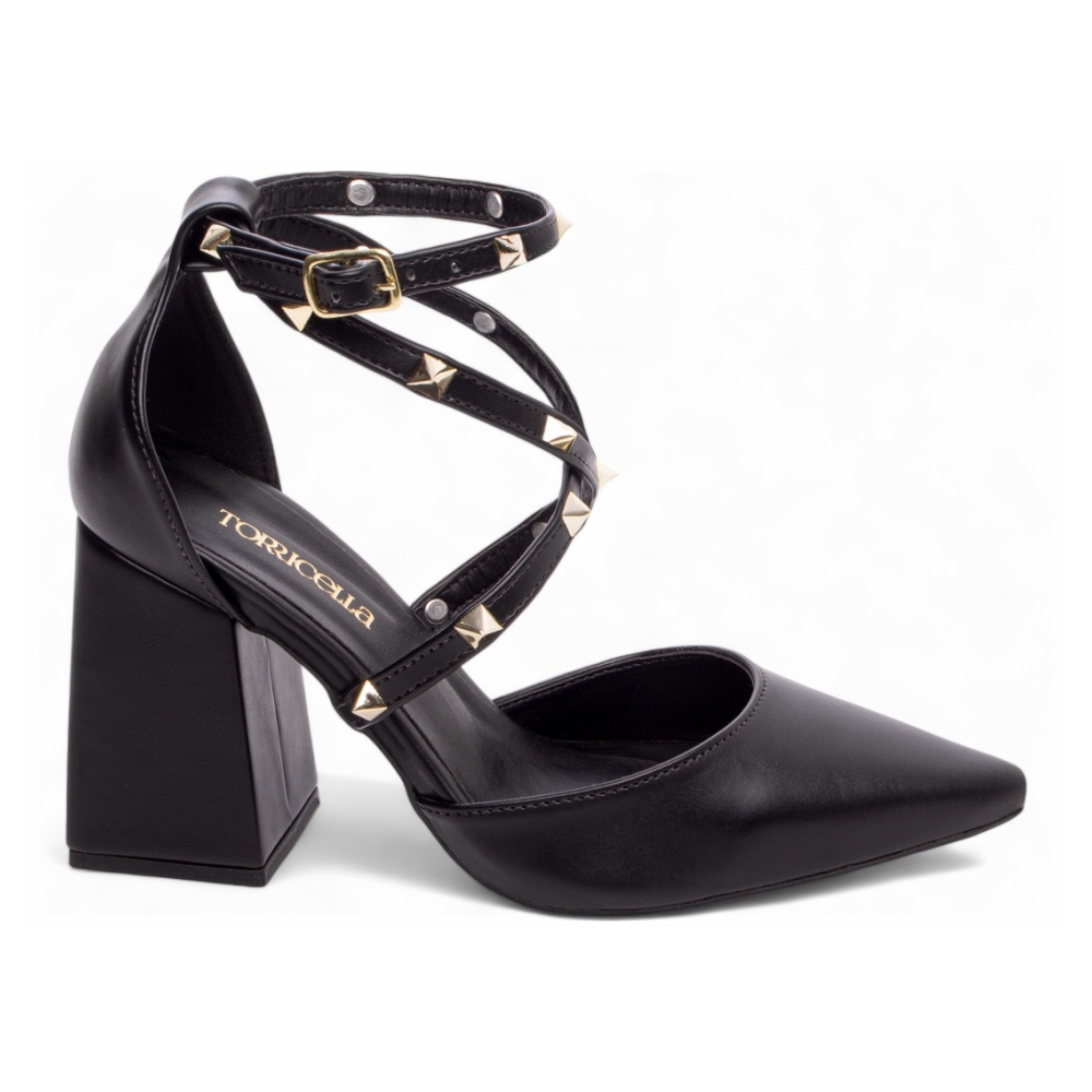 Scarpin Preto Apliques Pirâmides em ABS